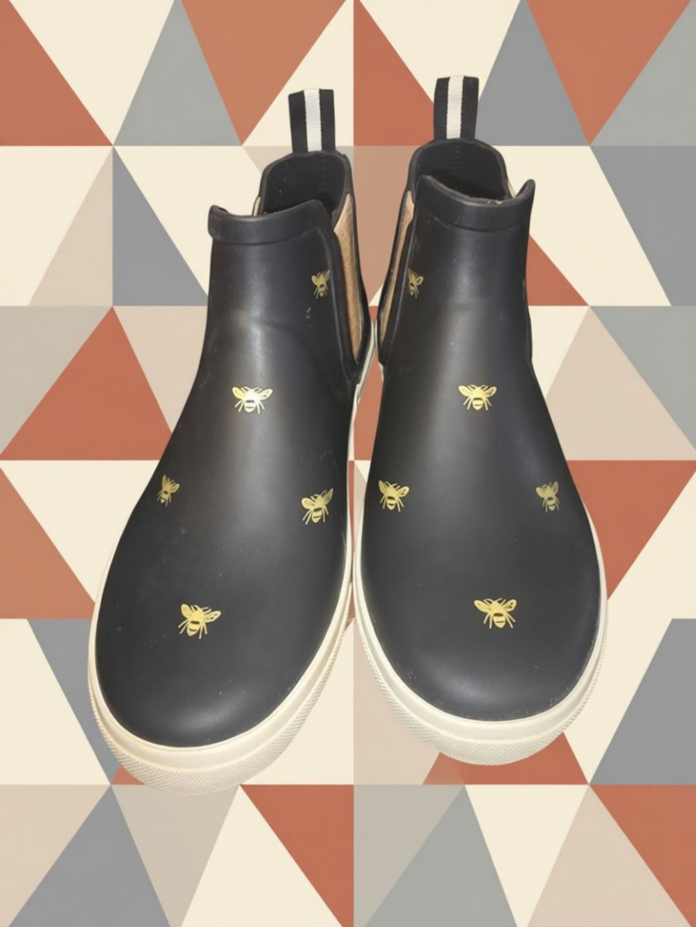 Black Slip-On Rain Sneakers with Gold Bee Motif